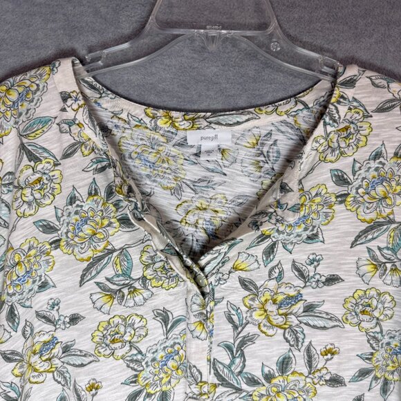 Pure J Jill XL Knit Popover Top Cotton Modal 3/4 Sleeve Ivory Yellow Floral - Picture 3 of 11